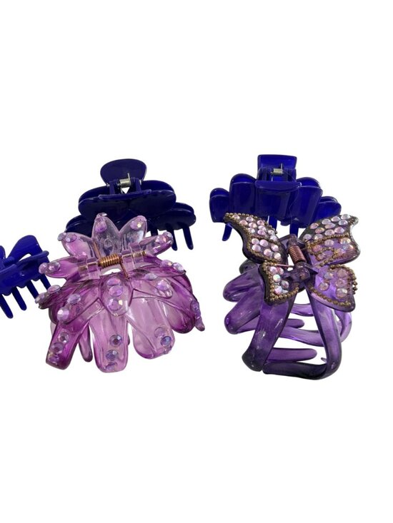 Vintage Lot 6 Purple Plastic Hair Claw Clips Rhinestones, Butterfly, Banana 80s